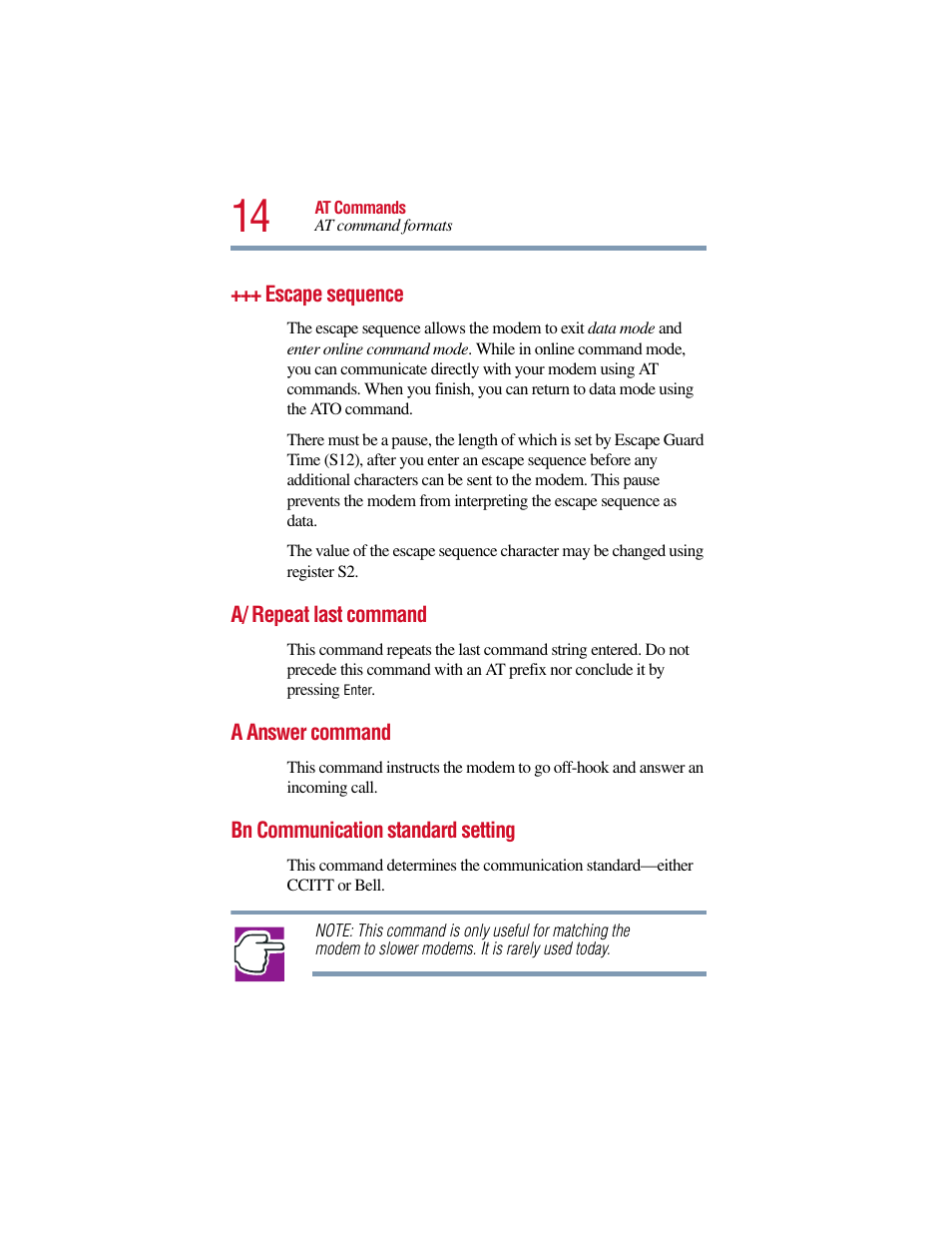 Escape sequence, A/ repeat last command, A answer command | Bn communication standard setting | Toshiba V.90 User Manual | Page 33 / 102