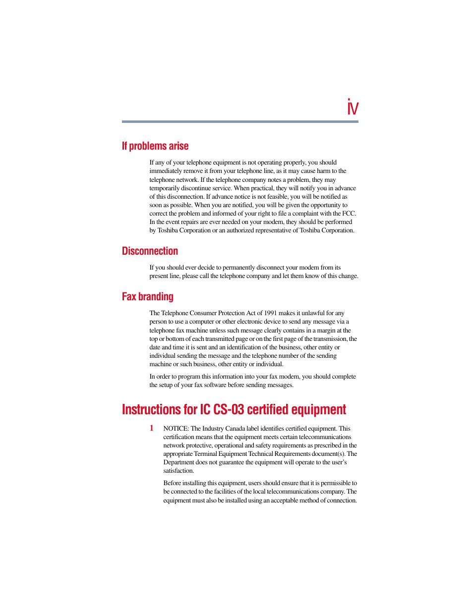 Instructions for ic cs-03 certified equipment | Toshiba V.90 User Manual | Page 4 / 102