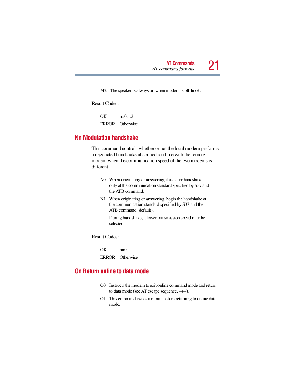 Nn modulation handshake, On return online to data mode | Toshiba V.90 User Manual | Page 40 / 102