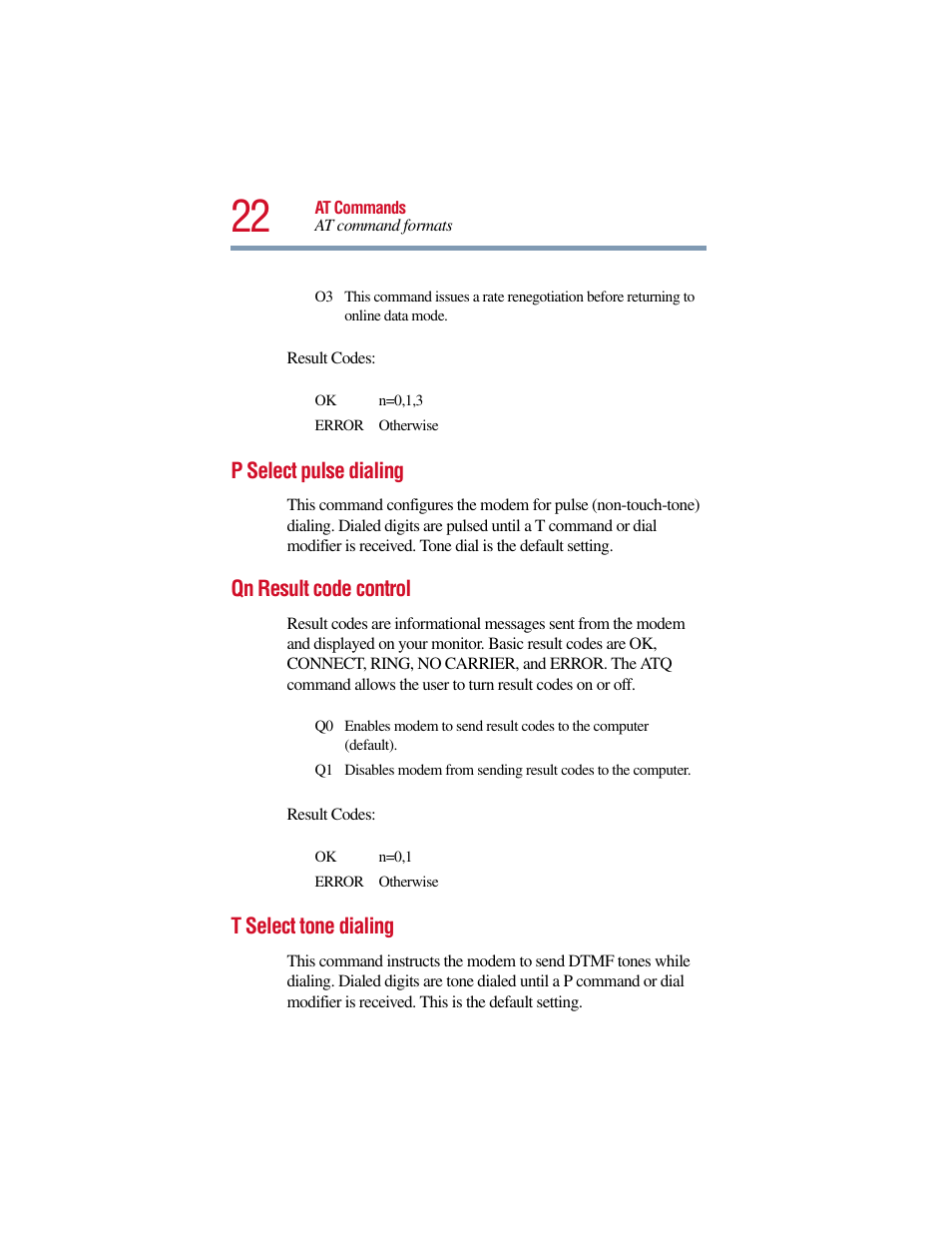 P select pulse dialing, Qn result code control, T select tone dialing | Toshiba V.90 User Manual | Page 41 / 102