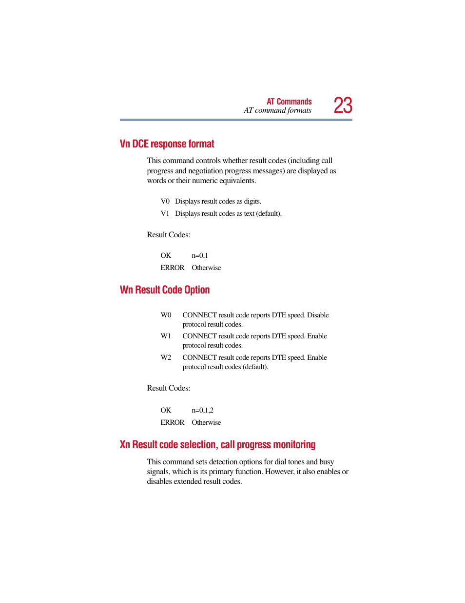 Vn dce response format, Wn result code option, Xn result code selection, call progress monitoring | Toshiba V.90 User Manual | Page 42 / 102