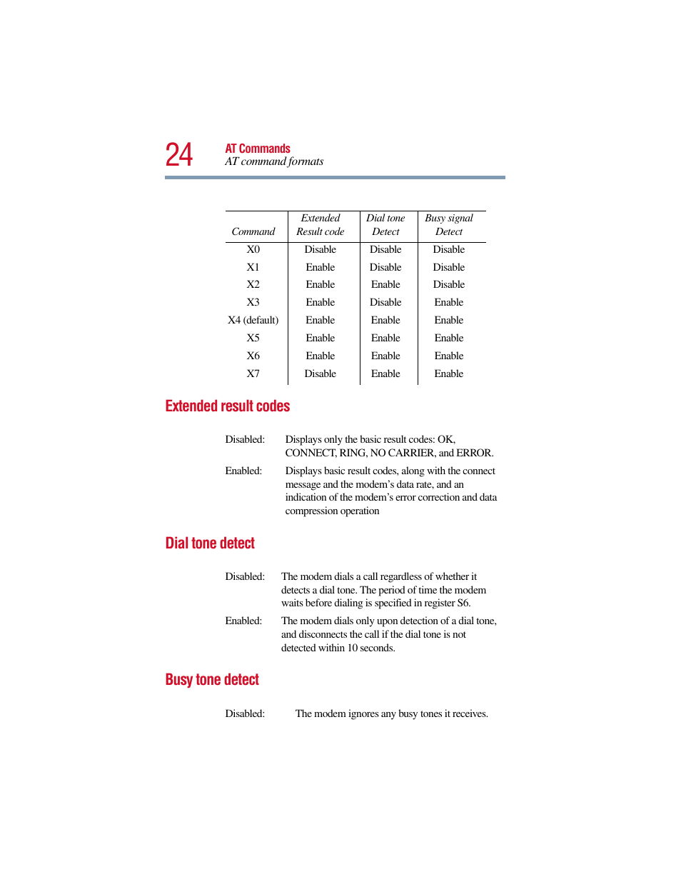 Extended result codes, Dial tone detect, Busy tone detect | Toshiba V.90 User Manual | Page 43 / 102