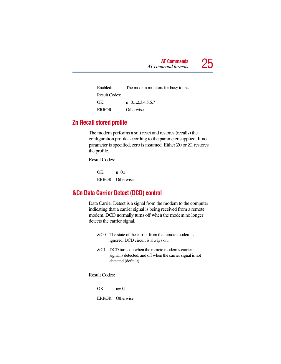 Zn recall stored profile, Cn data carrier detect (dcd) control | Toshiba V.90 User Manual | Page 44 / 102