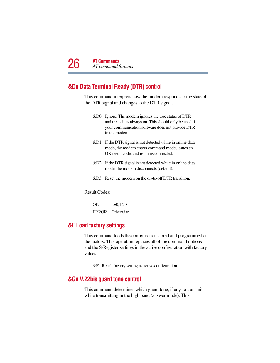 Dn data terminal ready (dtr) control, F load factory settings, Gn v.22bis guard tone control | Toshiba V.90 User Manual | Page 45 / 102