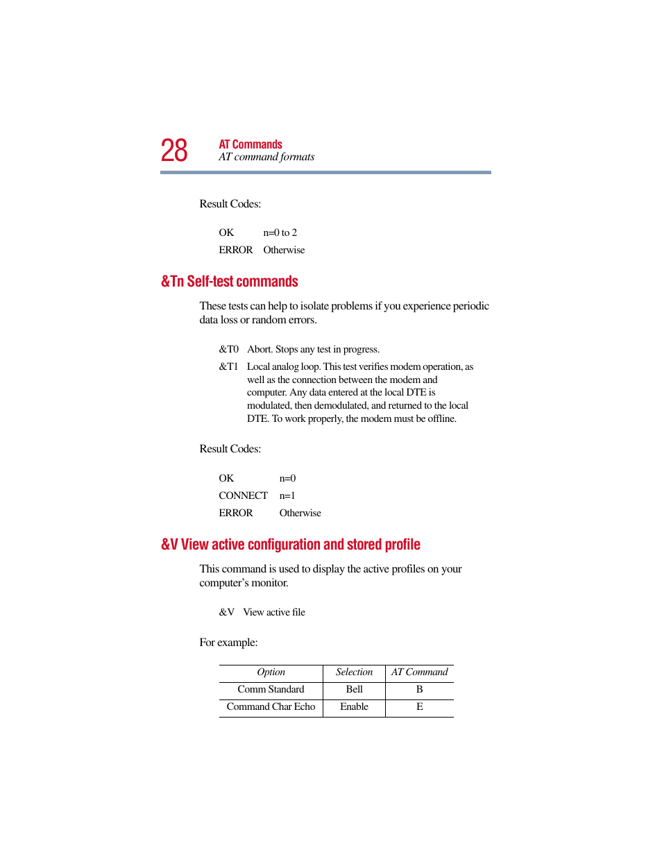 Tn self-test commands, V view active configuration and stored profile | Toshiba V.90 User Manual | Page 47 / 102