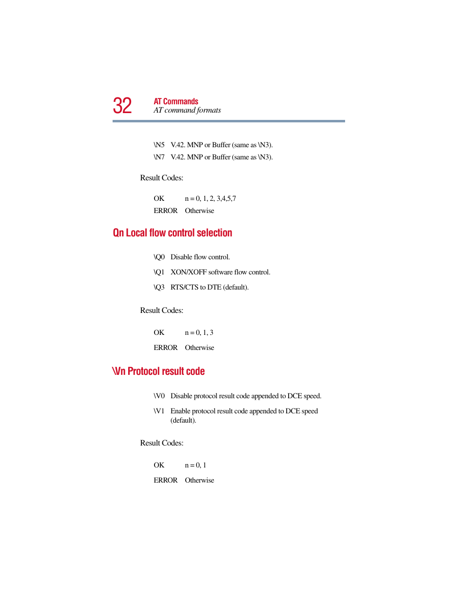 Qn local flow control selection, Vn protocol result code | Toshiba V.90 User Manual | Page 51 / 102