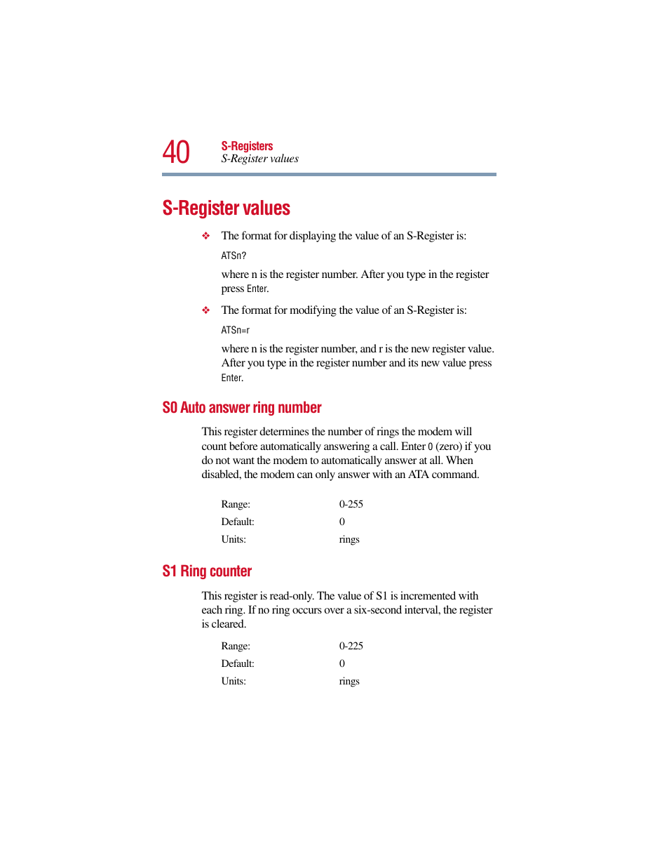 S-register values, S0 auto answer ring number, S1 ring counter | S0 auto answer ring number s1 ring counter | Toshiba V.90 User Manual | Page 59 / 102