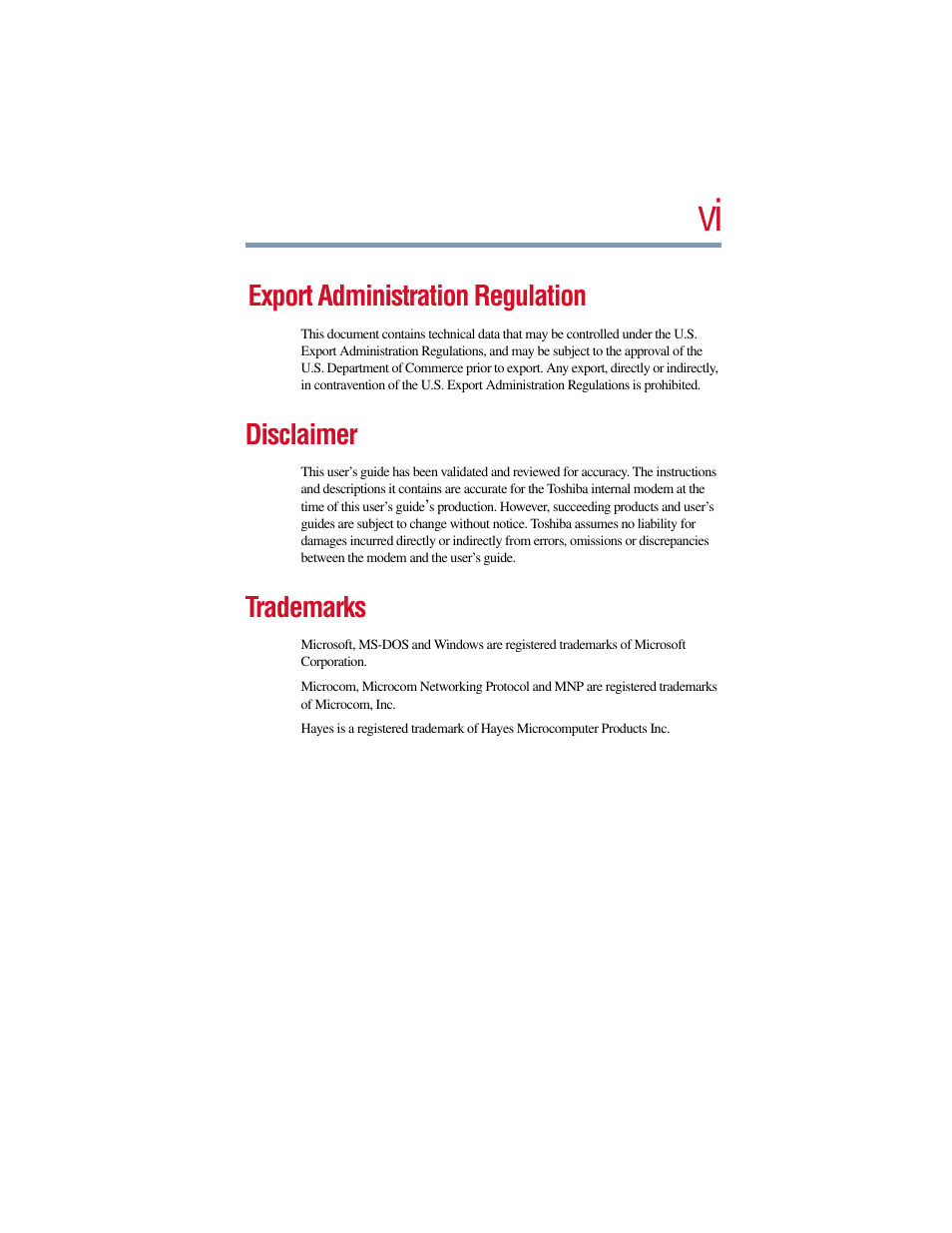 Export administration regulation, Disclaimer, Trademarks | Toshiba V.90 User Manual | Page 6 / 102