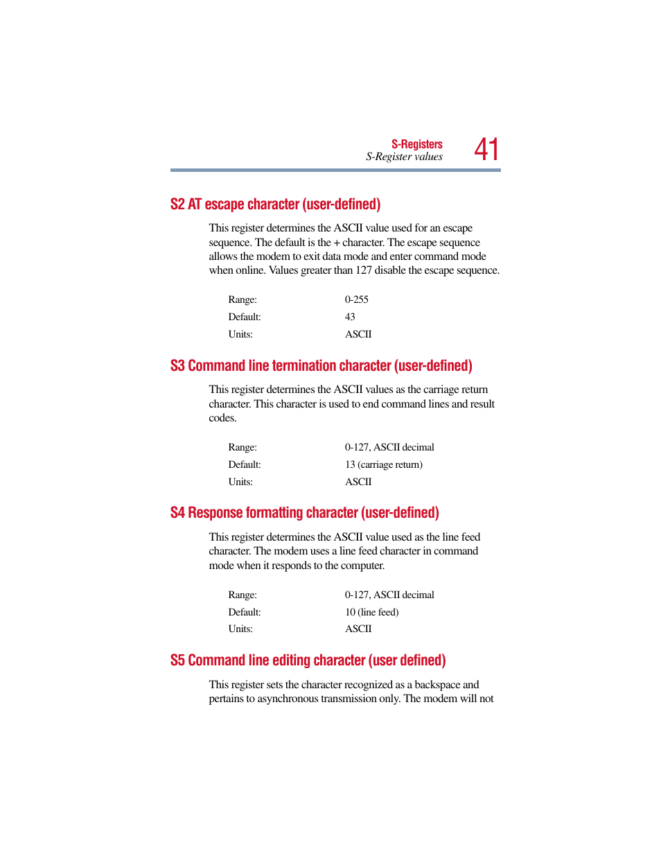 S2 at escape character (user-defined), S4 response formatting character (user-defined), S5 command line editing character (user defined) | Toshiba V.90 User Manual | Page 60 / 102