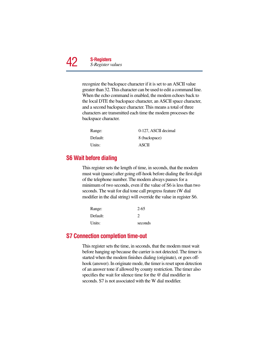 S6 wait before dialing, S7 connection completion time-out | Toshiba V.90 User Manual | Page 61 / 102