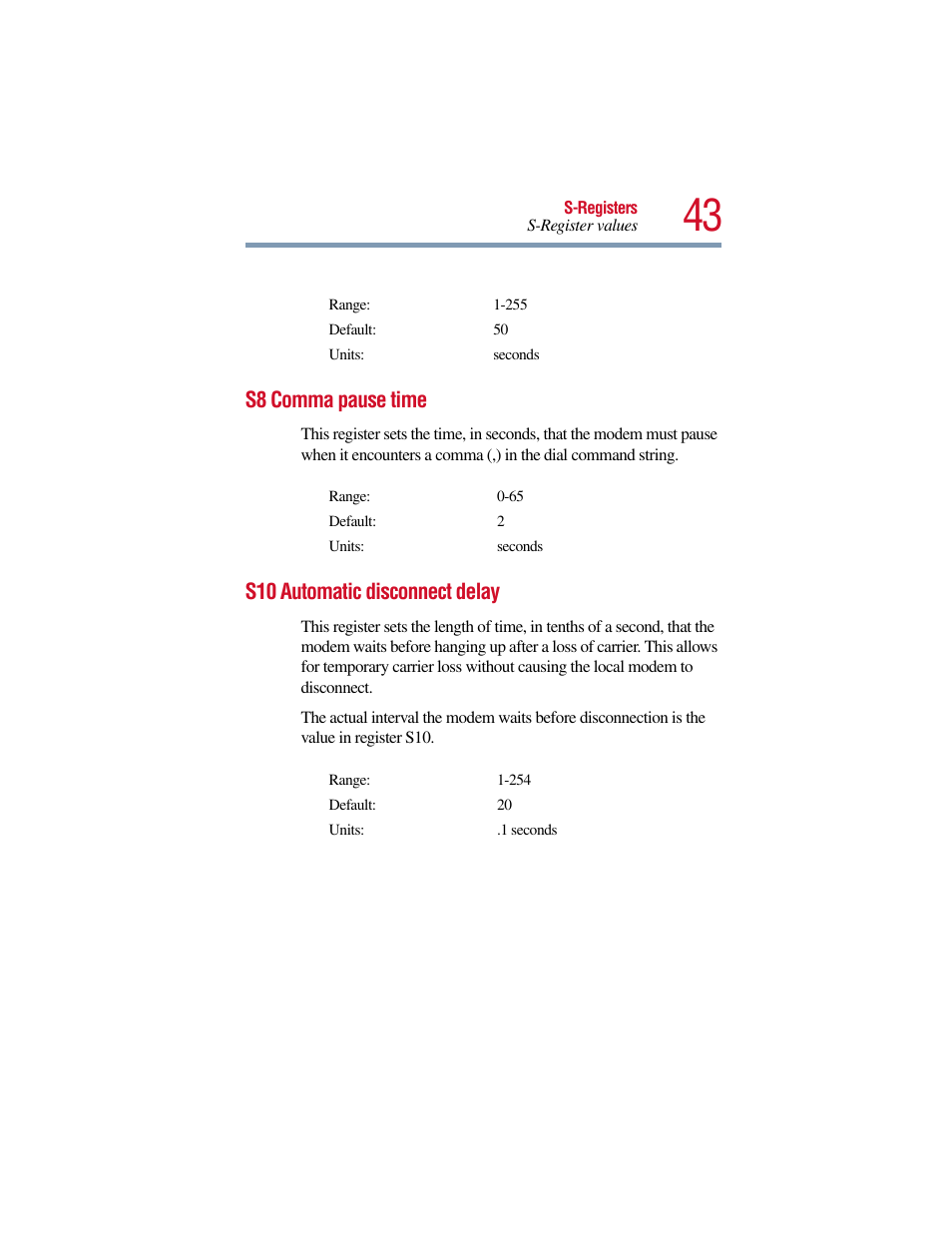 S8 comma pause time, S10 automatic disconnect delay, S8 comma pause time s10 automatic disconnect delay | Toshiba V.90 User Manual | Page 62 / 102