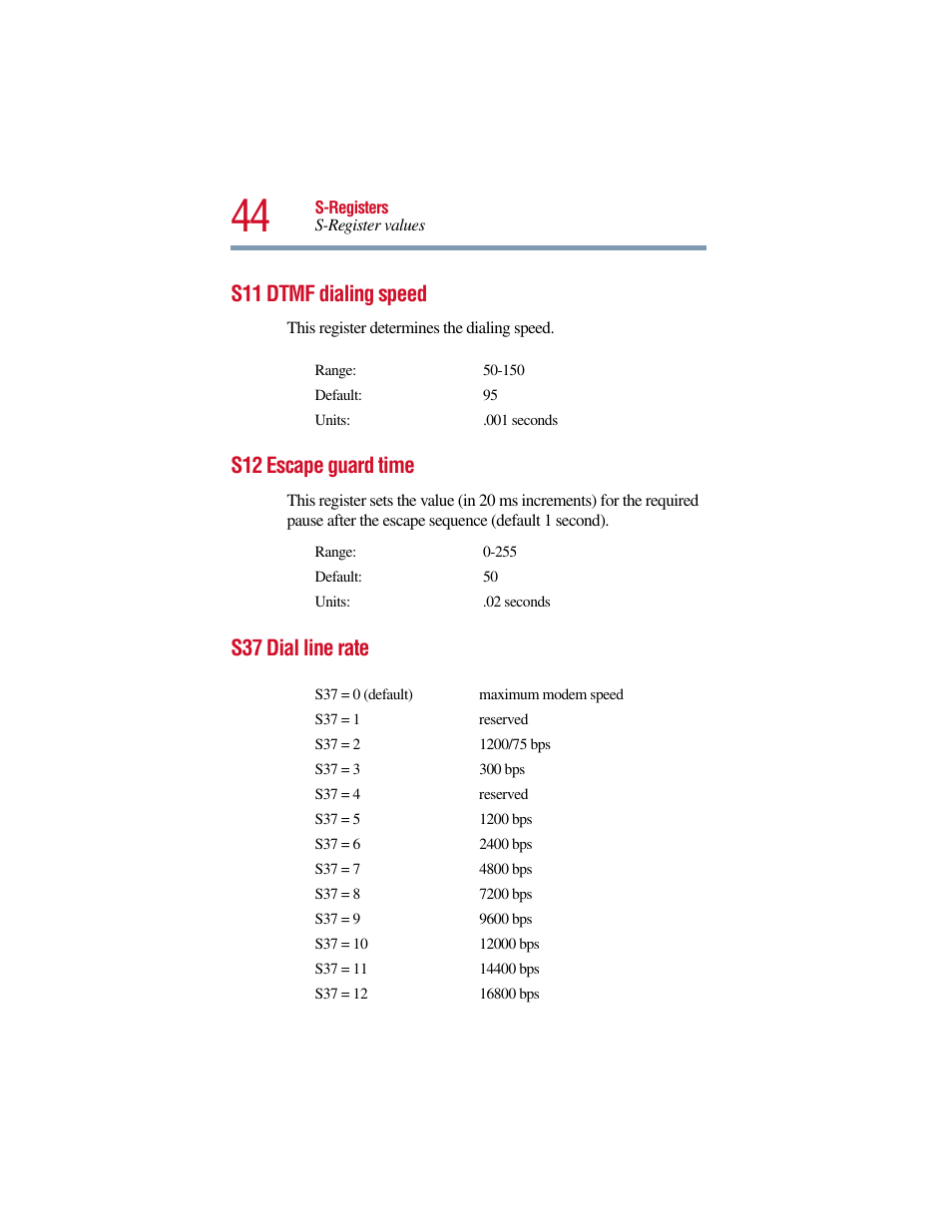 S11 dtmf dialing speed, S12 escape guard time, S37 dial line rate | Toshiba V.90 User Manual | Page 63 / 102