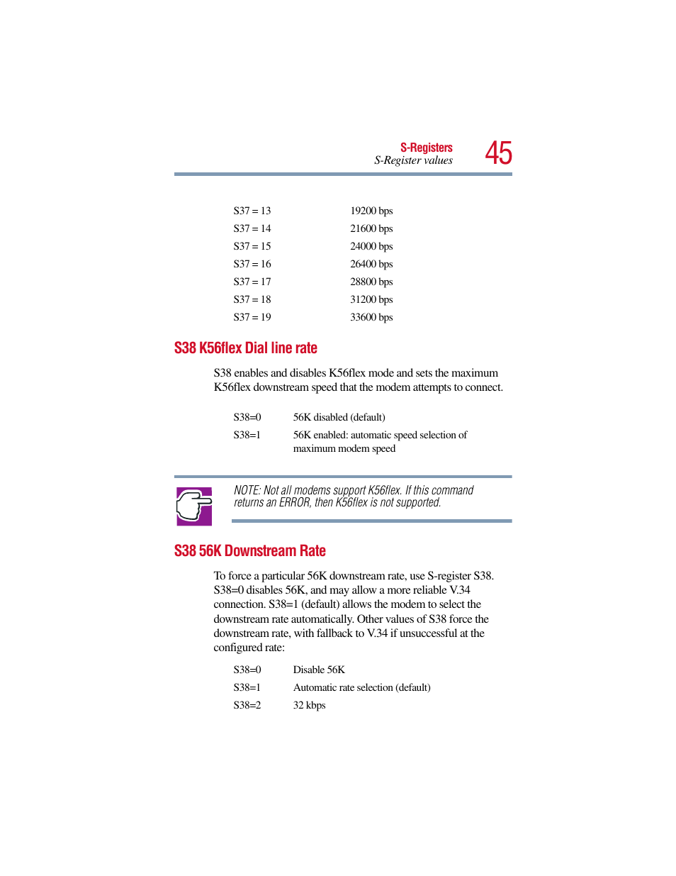 S38 k56flex dial line rate, S38 56k downstream rate, S38 k56flex dial line rate s38 56k downstream rate | Toshiba V.90 User Manual | Page 64 / 102