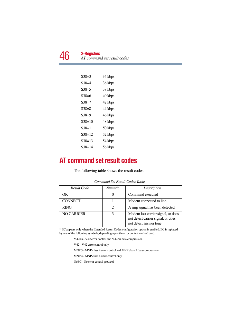 At command set result codes | Toshiba V.90 User Manual | Page 65 / 102