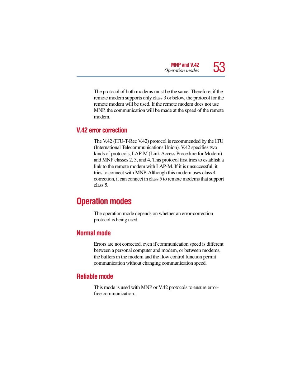 V.42 error correction, Operation modes, Normal mode | Reliable mode, Normal mode reliable mode | Toshiba V.90 User Manual | Page 72 / 102