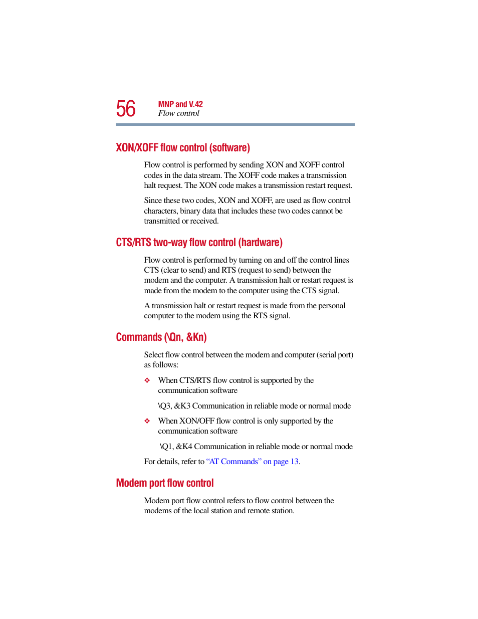 Xon/xoff flow control (software), Cts/rts two-way flow control (hardware), Commands (\qn, &kn) | Modem port flow control | Toshiba V.90 User Manual | Page 75 / 102