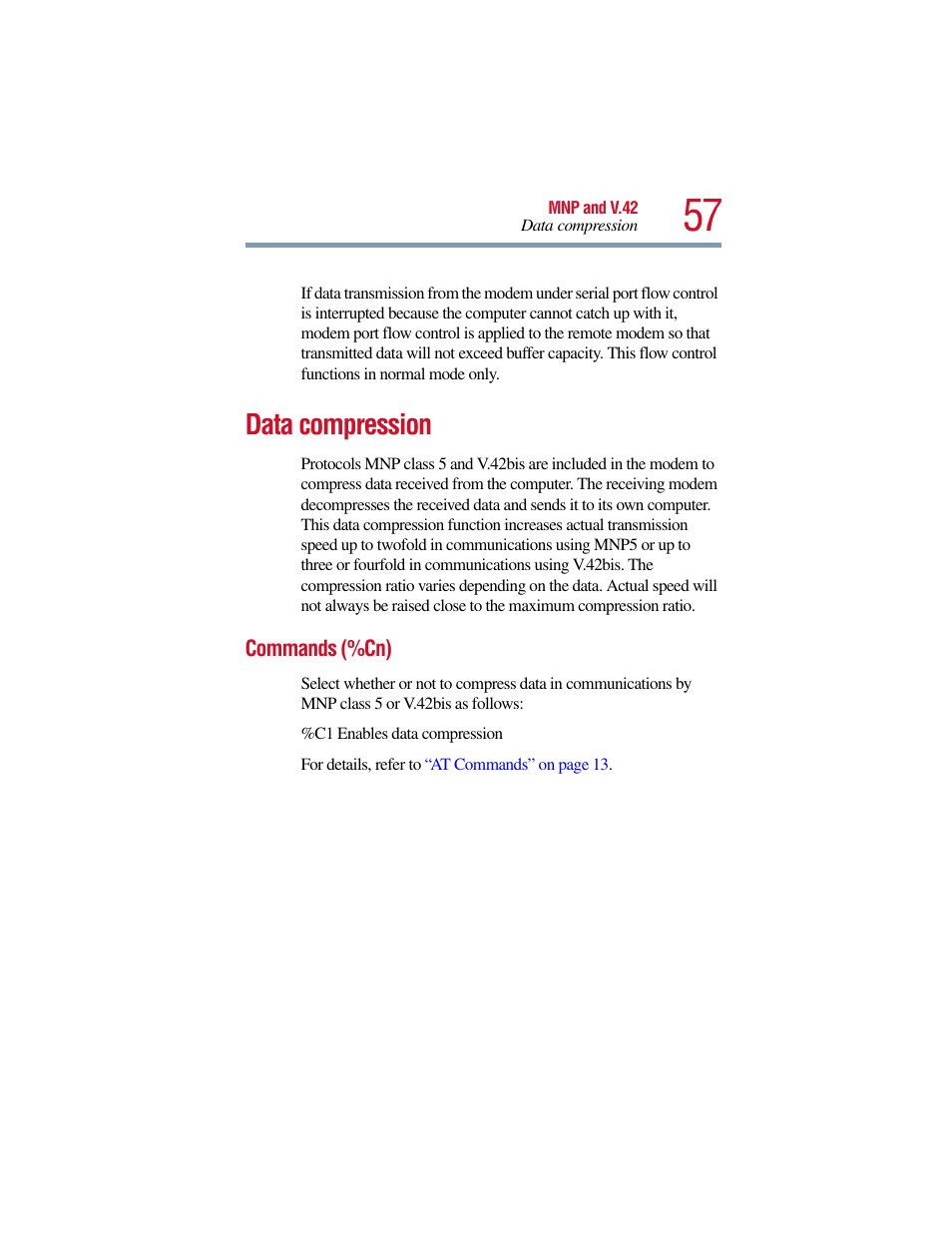 Data compression, Commands (%cn) | Toshiba V.90 User Manual | Page 76 / 102