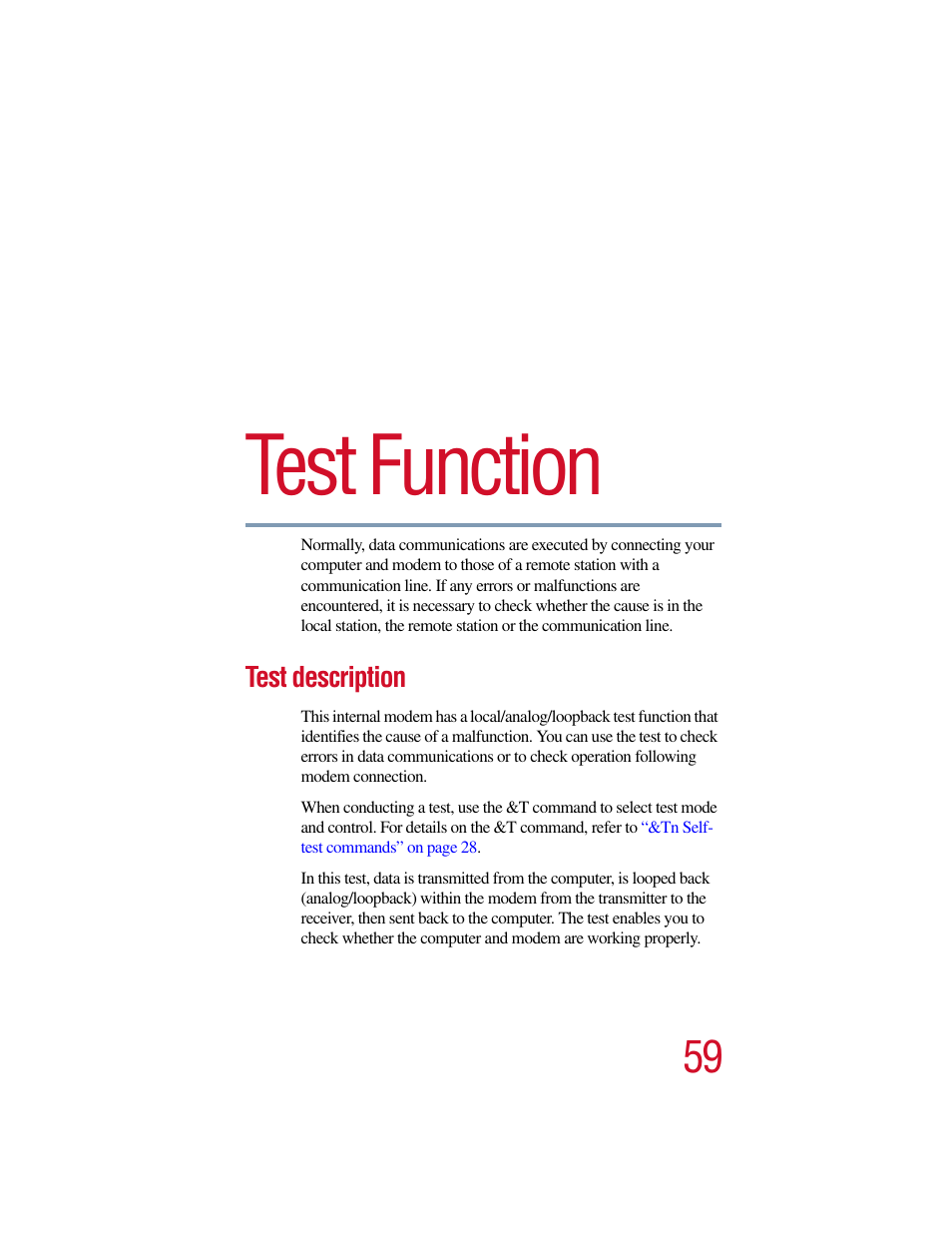 Chapter 6: test function, Test description, Test function | Toshiba V.90 User Manual | Page 78 / 102