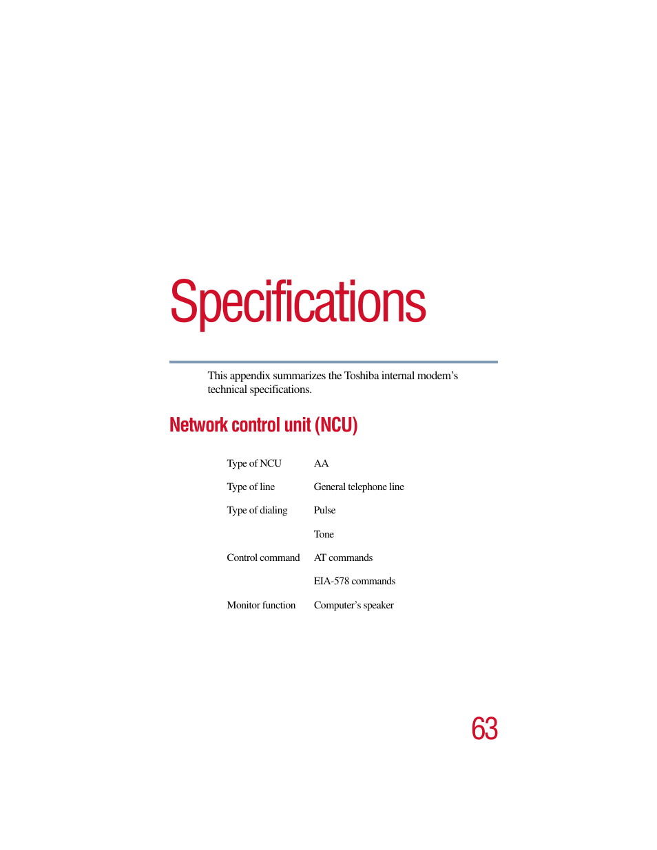 Appendix a: specifications, Network control unit (ncu), Specifications | Toshiba V.90 User Manual | Page 82 / 102