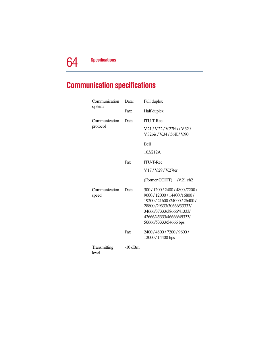 Communication specifications | Toshiba V.90 User Manual | Page 83 / 102