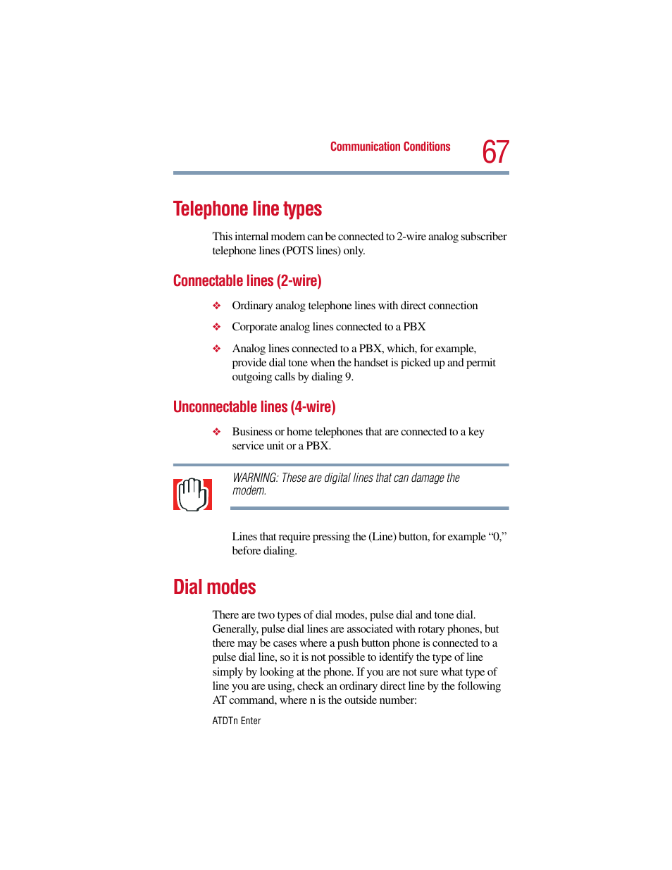 Telephone line types, Dial modes | Toshiba V.90 User Manual | Page 86 / 102