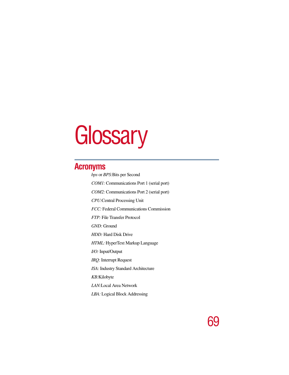Glossary, Acronyms | Toshiba V.90 User Manual | Page 88 / 102