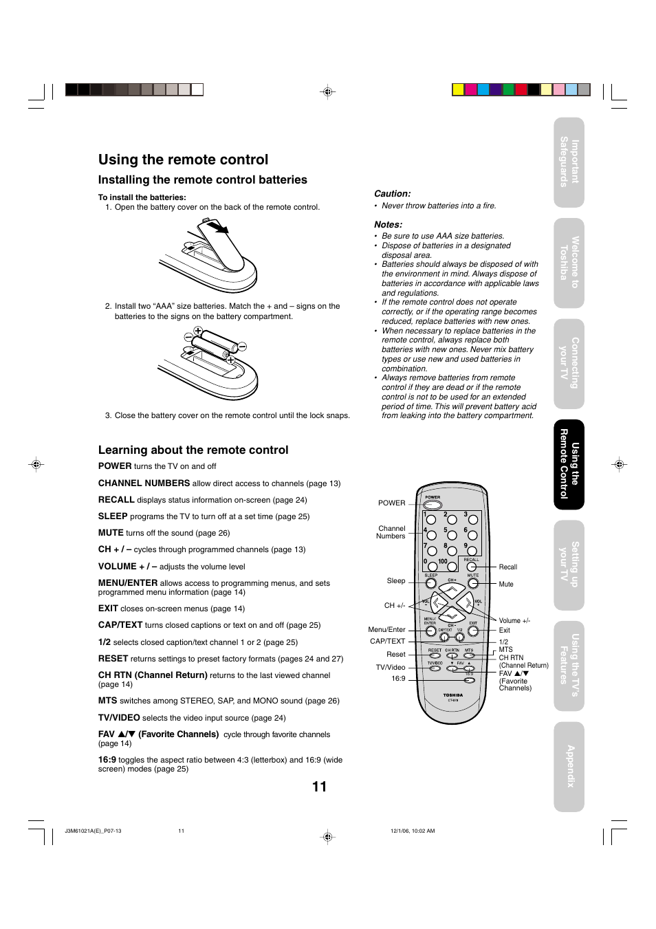 Using the remote control, Installing the remote control batteries, Learning about the remote control | Toshiba 24AF46 User Manual | Page 11 / 64