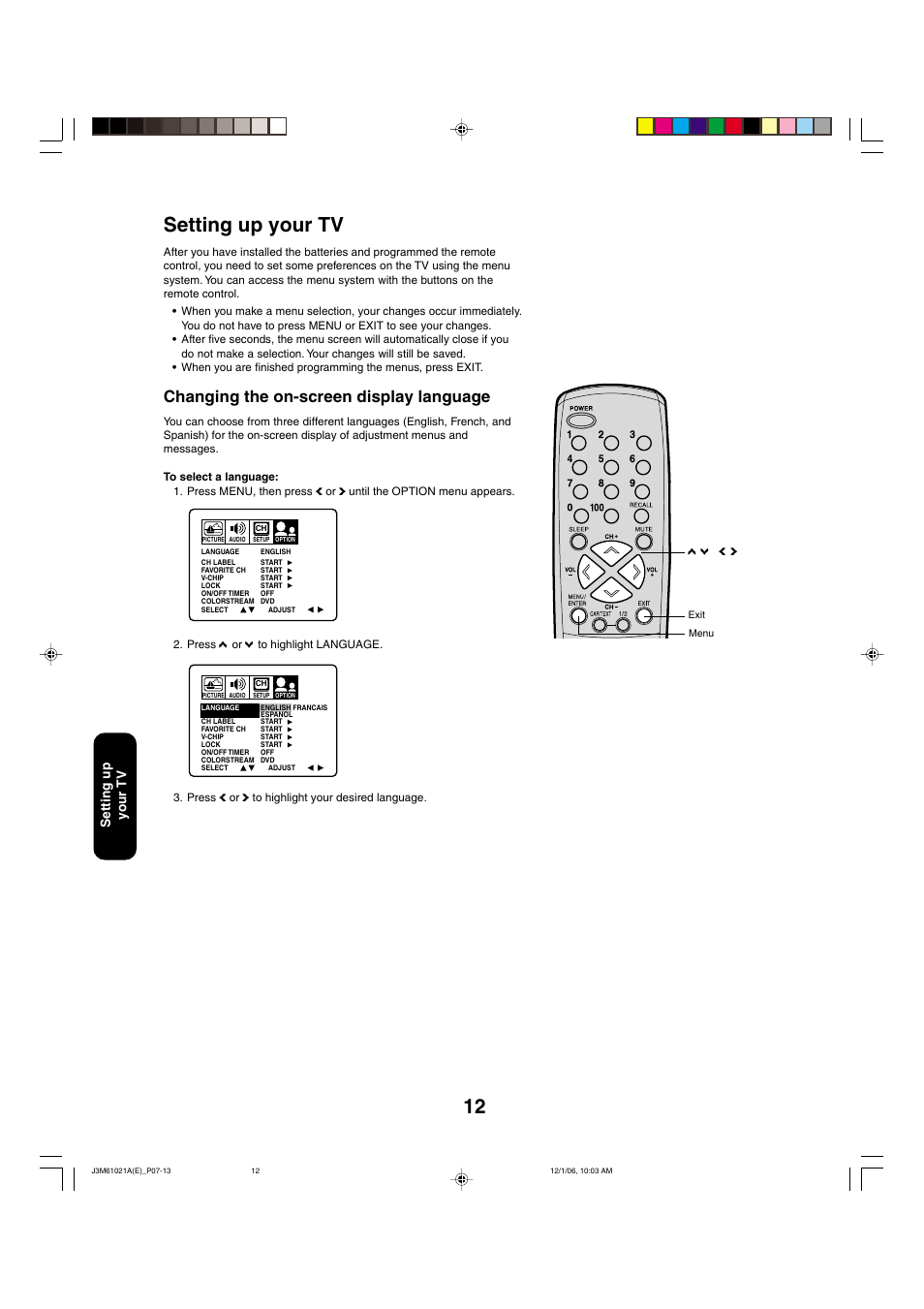 Changing the on-screen display language, Setting up your tv | Toshiba 24AF46 User Manual | Page 12 / 64