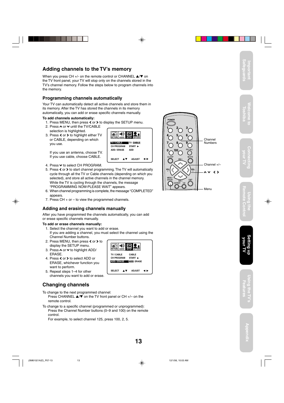 Changing channels, Programming channels automatically, Adding and erasing channels manually | Toshiba 24AF46 User Manual | Page 13 / 64