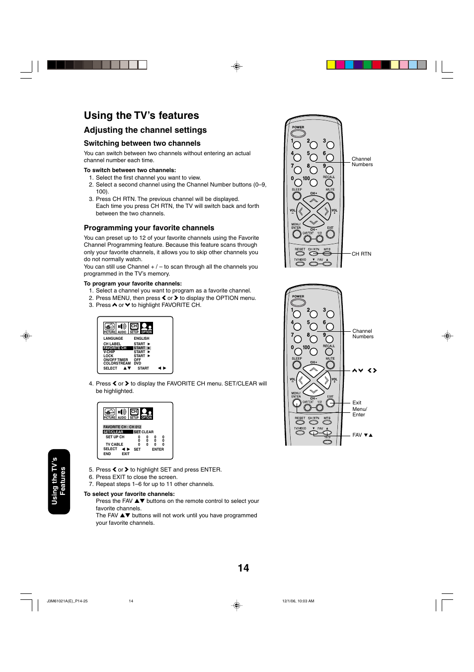 Using the tv’s features, Adjusting the channel settings, Switching between two channels | Programming your favorite channels, Using the tv ’s features | Toshiba 24AF46 User Manual | Page 14 / 64
