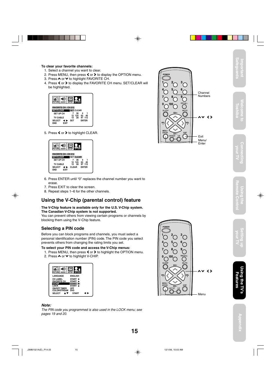 Using the v-chip (parental control) feature, Selecting a pin code, Using the tv ’s features | Toshiba 24AF46 User Manual | Page 15 / 64