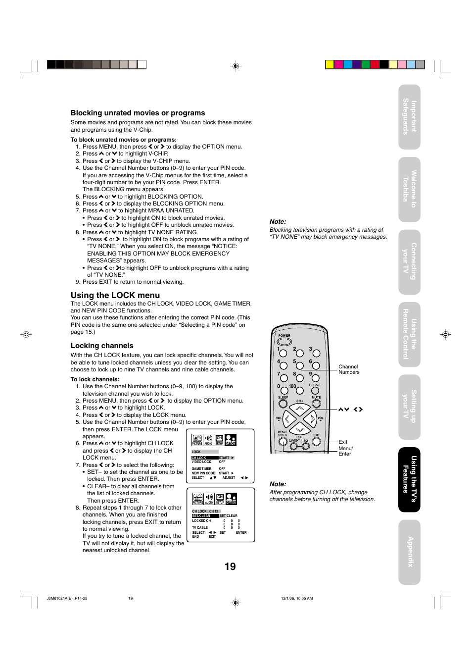 Using the lock menu, Blocking unrated movies or programs, Locking channels | Toshiba 24AF46 User Manual | Page 19 / 64