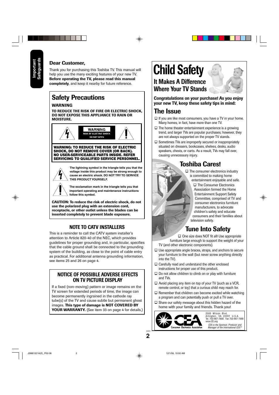 Child safety, It makes a difference where your tv stands, The issue | Toshiba cares, Tune into safety, Safety precautions | Toshiba 24AF46 User Manual | Page 2 / 64