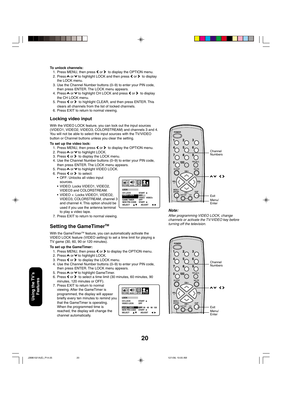 Setting the gametimer, Locking video input | Toshiba 24AF46 User Manual | Page 20 / 64