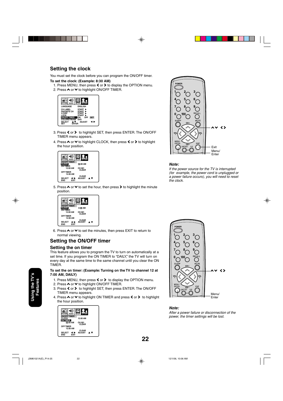 Setting the clock, Setting the on/off timer, Setting the on timer | Toshiba 24AF46 User Manual | Page 22 / 64