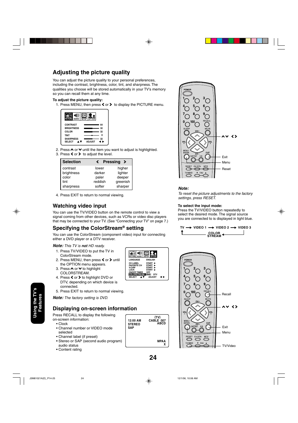 Adjusting the picture quality, Displaying on-screen information, Watching video input | Specifying the colorstream, Setting | Toshiba 24AF46 User Manual | Page 24 / 64