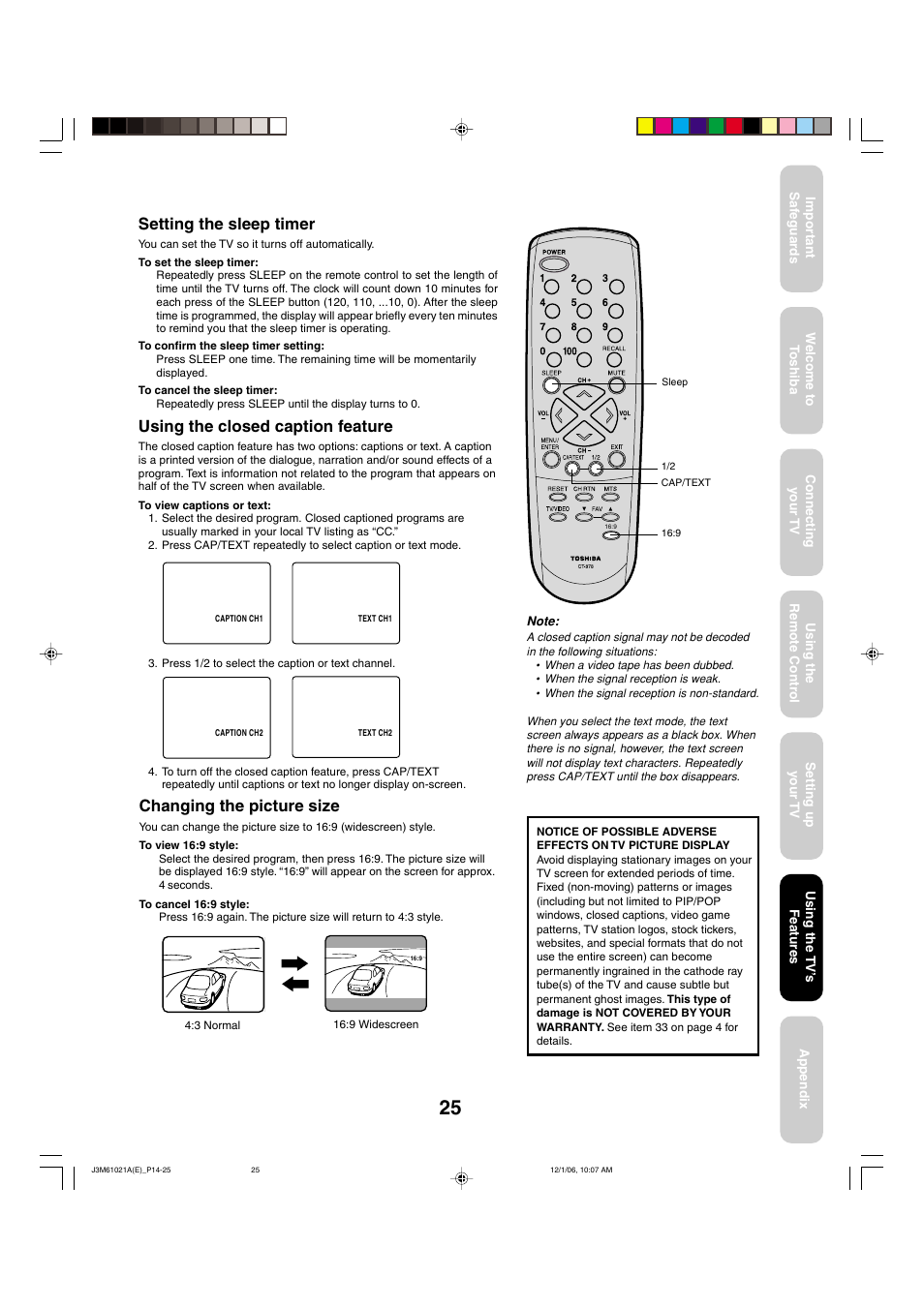 Setting the sleep timer, Using the closed caption feature, Changing the picture size | Toshiba 24AF46 User Manual | Page 25 / 64