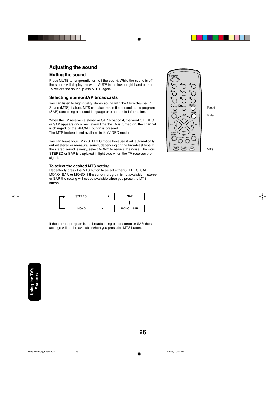 Adjusting the sound, Muting the sound, Selecting stereo/sap broadcasts | Toshiba 24AF46 User Manual | Page 26 / 64