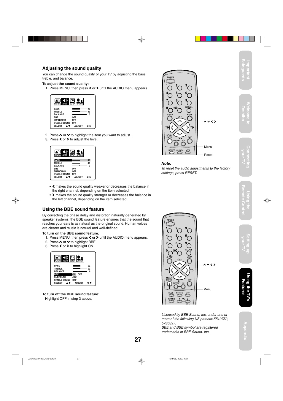 Adjusting the sound quality, Using the bbe sound feature, Using the tv ’s features | Toshiba 24AF46 User Manual | Page 27 / 64