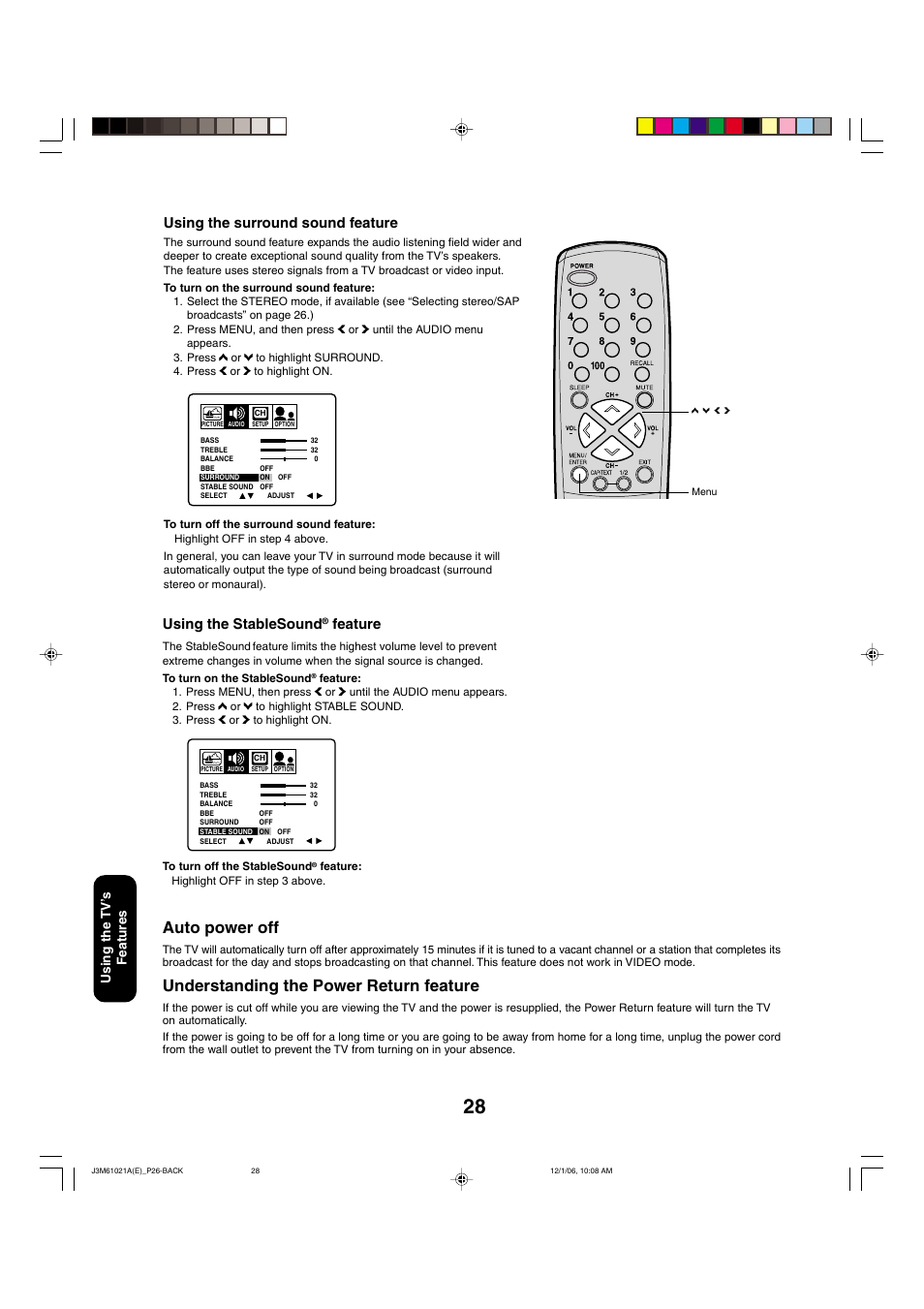 Auto power off, Understanding the power return feature, Using the stablesound | Feature, Using the surround sound feature, Using the tv ’s features | Toshiba 24AF46 User Manual | Page 28 / 64