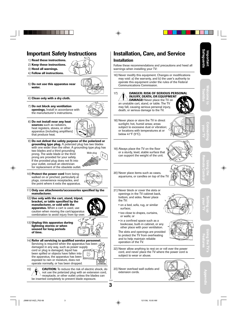 Important safety instructions, Installation, care, and service, Installation | Toshiba 24AF46 User Manual | Page 3 / 64