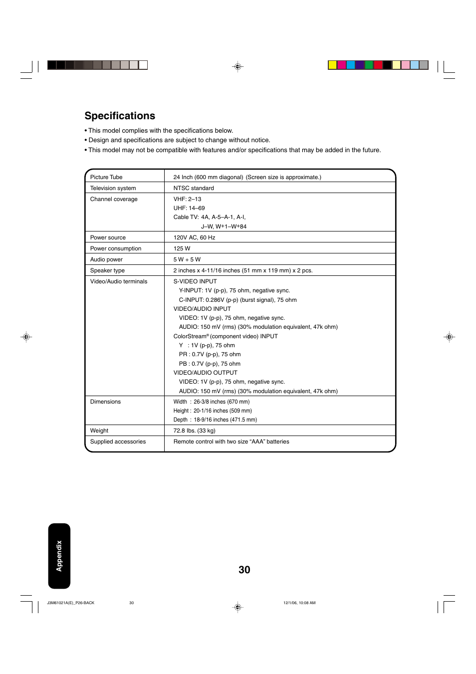 Specifications | Toshiba 24AF46 User Manual | Page 30 / 64