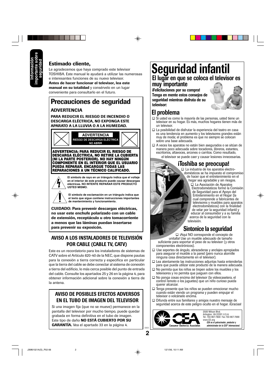 Seguridad infantil, Precauciones de seguridad, El problema | Toshiba se preocupa, Sintonice la seguridad, Estimado cliente | Toshiba 24AF46 User Manual | Page 34 / 64