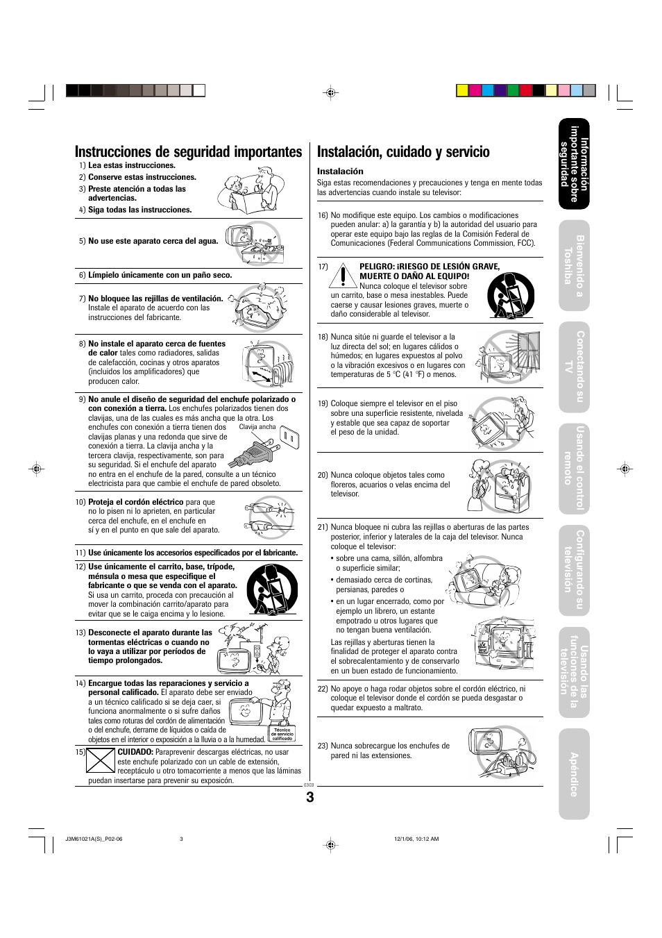 Instrucciones de seguridad importantes, Instalación, cuidado y servicio | Toshiba 24AF46 User Manual | Page 35 / 64