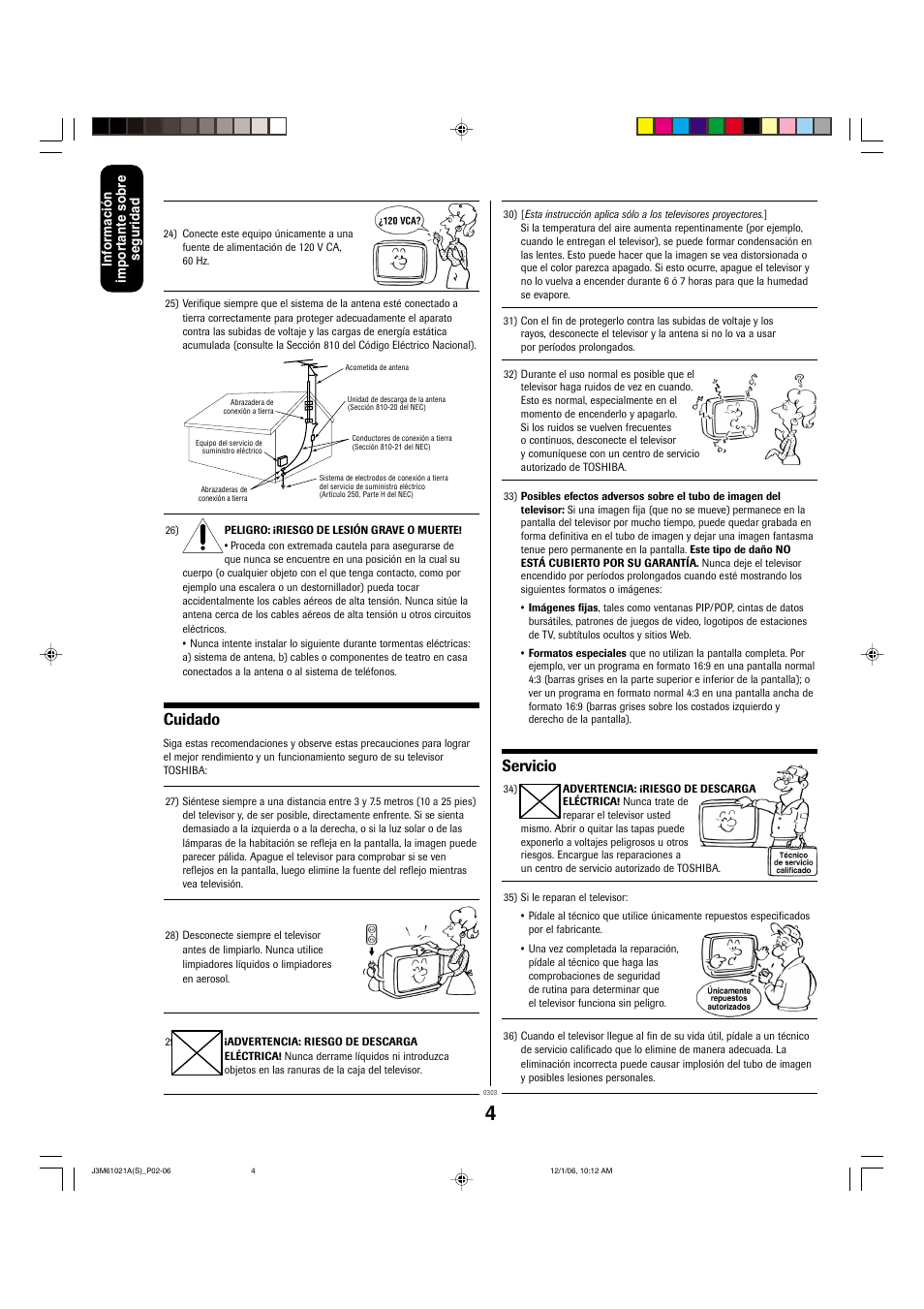 Servicio, Cuidado | Toshiba 24AF46 User Manual | Page 36 / 64