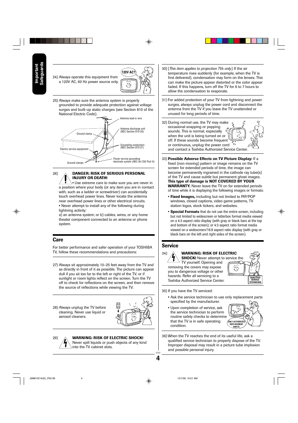 Care, Service | Toshiba 24AF46 User Manual | Page 4 / 64