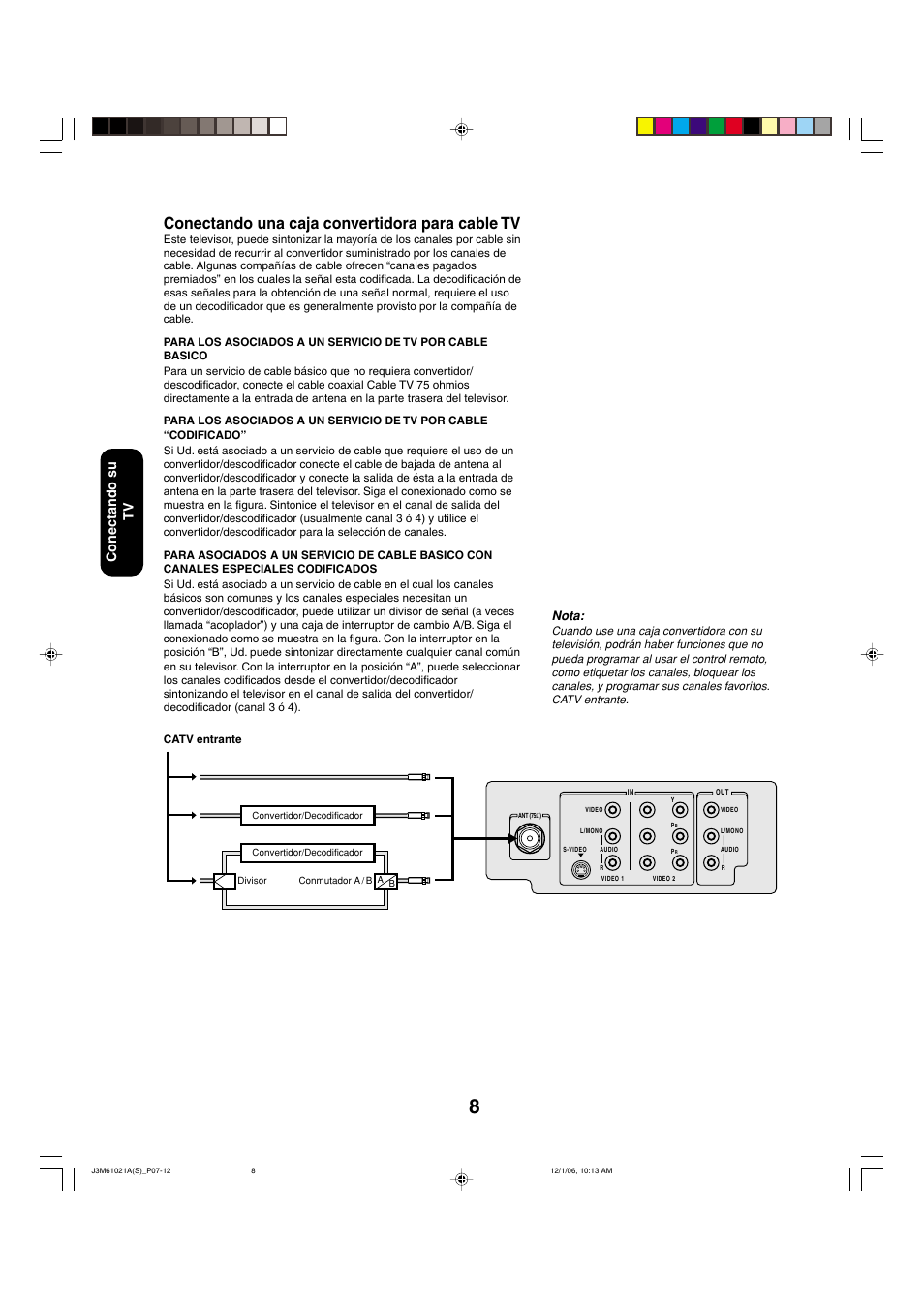 Conectando una caja convertidora para cable tv, Conectando su tv, Nota | Toshiba 24AF46 User Manual | Page 40 / 64