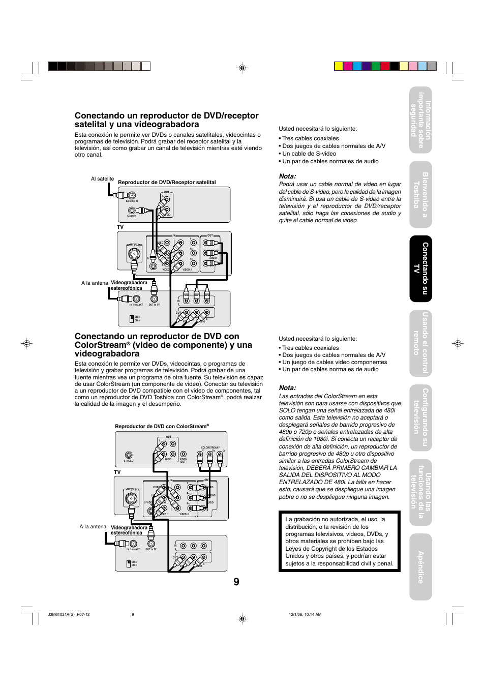 Conectando un reproductor de dvd con colorstream, Video de componente) y una videograbadora, Nota | Toshiba 24AF46 User Manual | Page 41 / 64