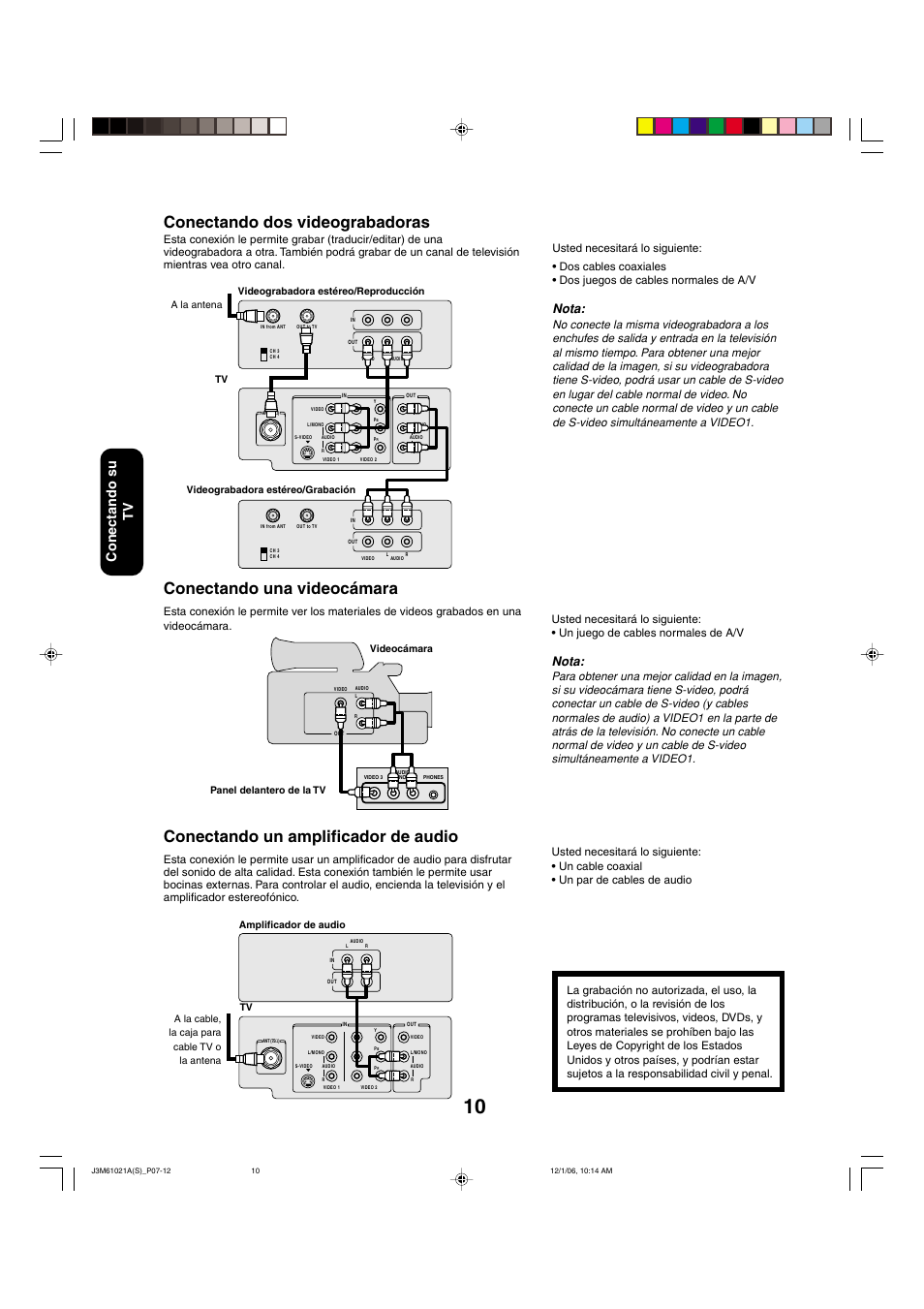 Conectando dos videograbadoras, Conectando una videocámara, Conectando un amplificador de audio | Conectando su tv, Nota | Toshiba 24AF46 User Manual | Page 42 / 64