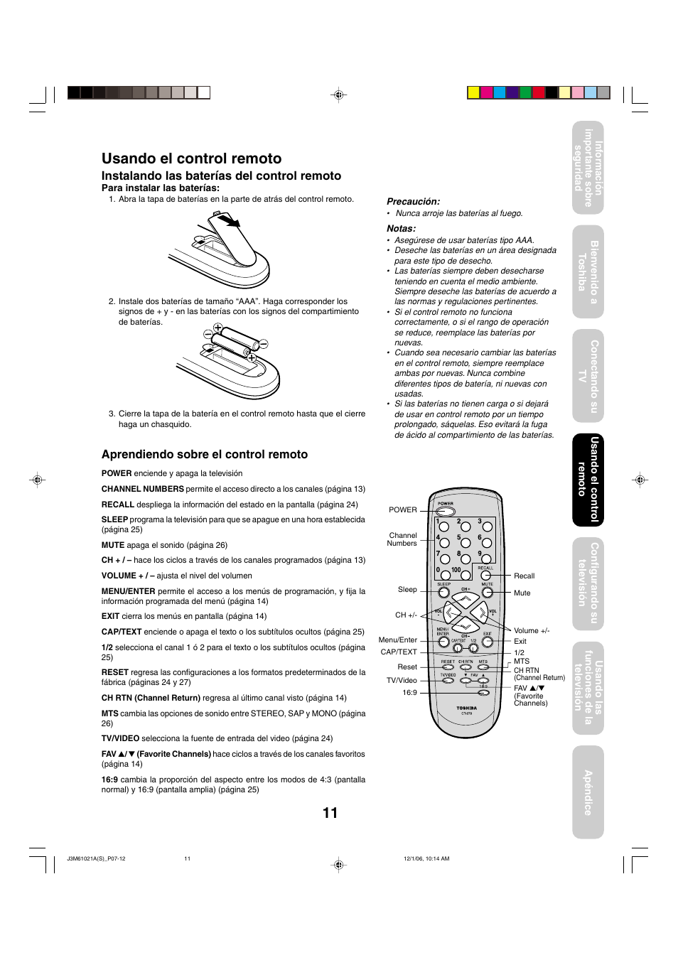 Usando el control remoto, Instalando las baterías del control remoto, Aprendiendo sobre el control remoto | Toshiba 24AF46 User Manual | Page 43 / 64